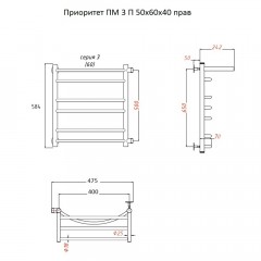 Полотенцесушитель Тругор Приоритет ПМ 3 П 50 60х40 правый