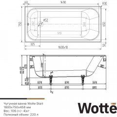 Ванна чугунная Wotte Start 160x75 с отверстиями для ручек