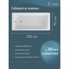 Ванна чугунная Delice France Parallel 150x70 с ручками DLR220503R